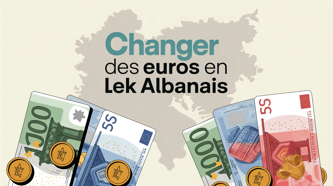 Illustration où changer euro en lek billets euros et lek carte Balkans