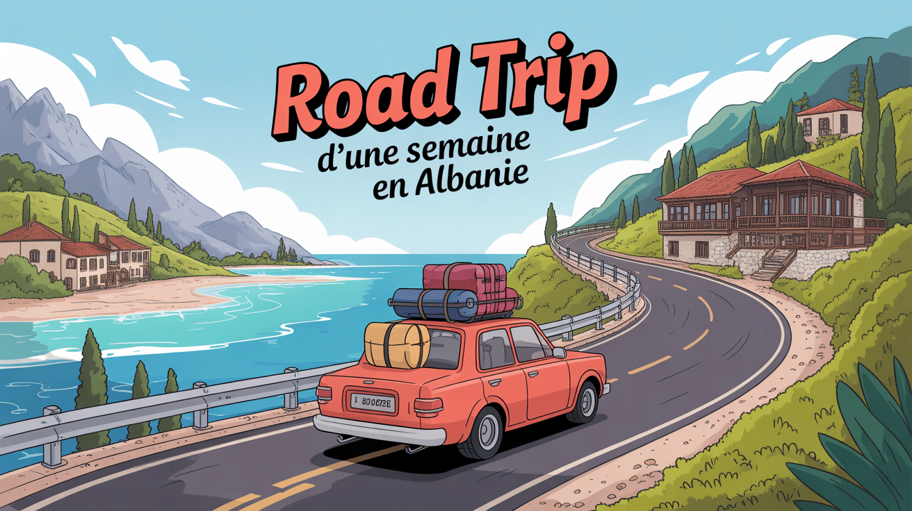 Illustration road trip Albanie 1 semaine montagnes plages villages
