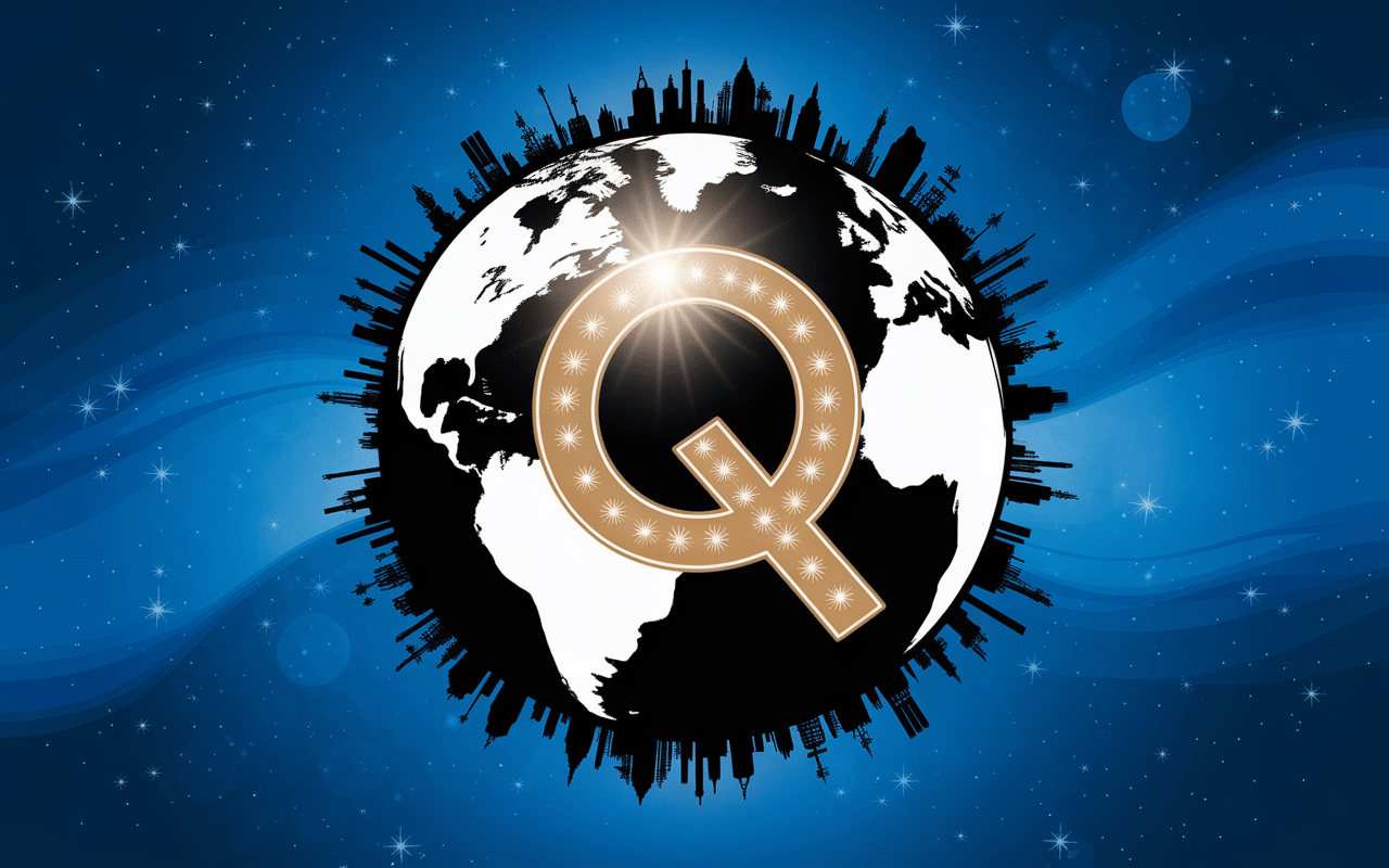 Globe stylise lettre Q doree capitale en Q