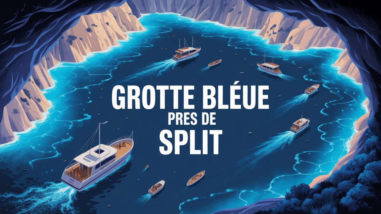 split grotte bleue vue aérienne avec bateaux