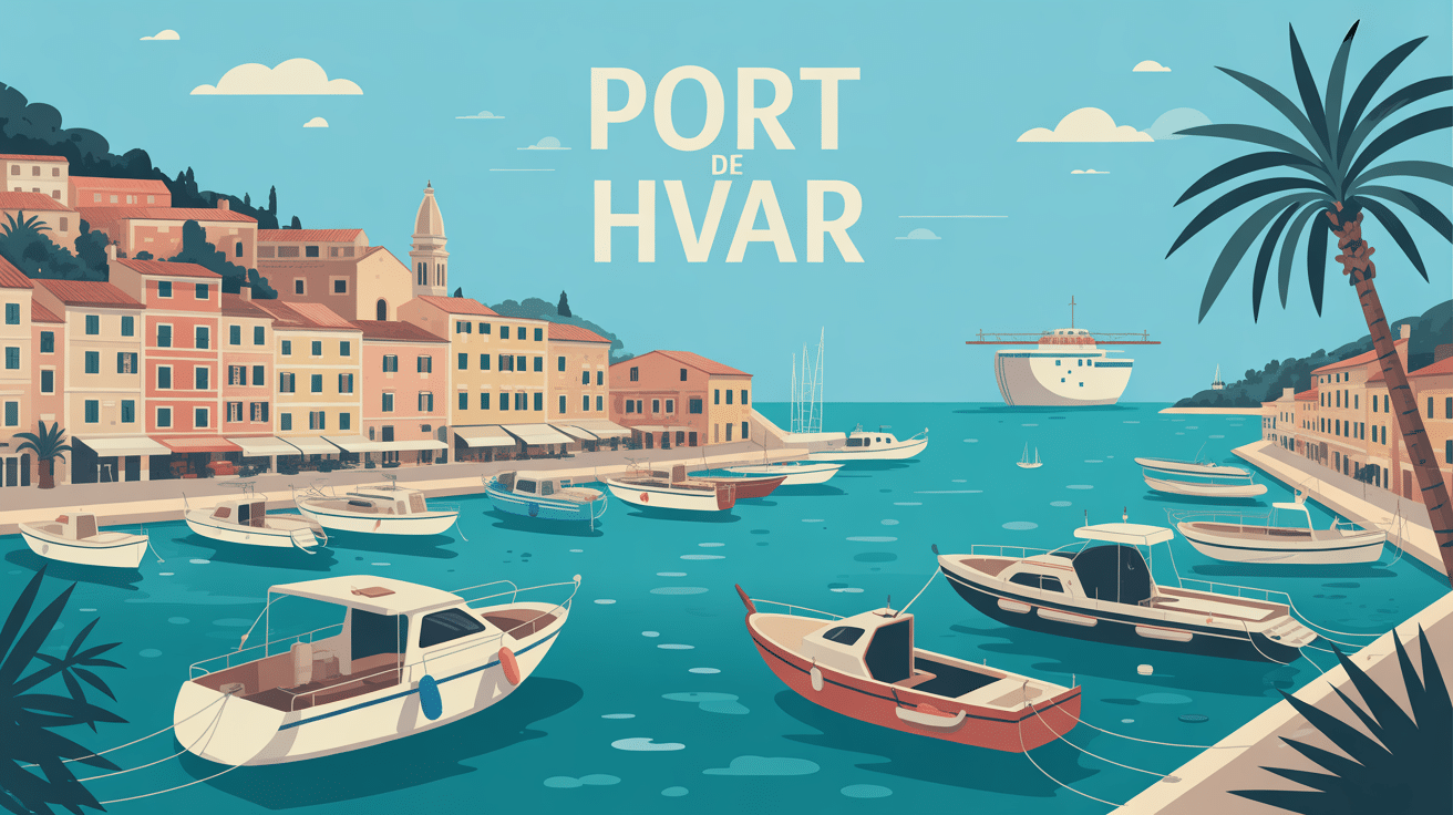Panorama port Hvar avec bateaux et façades vénitiennes