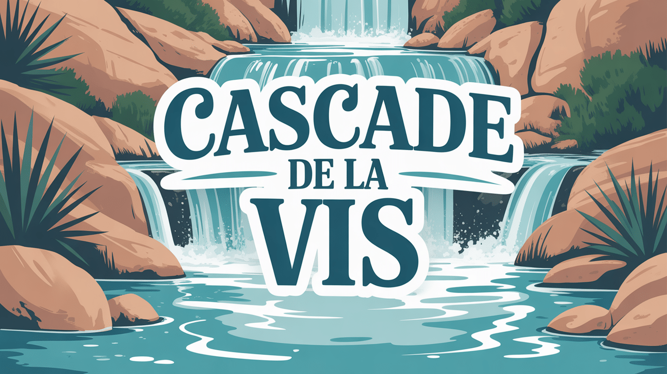 Illustration de la cascade de la Vis avec eaux turquoise et végétation méditerranéenne
