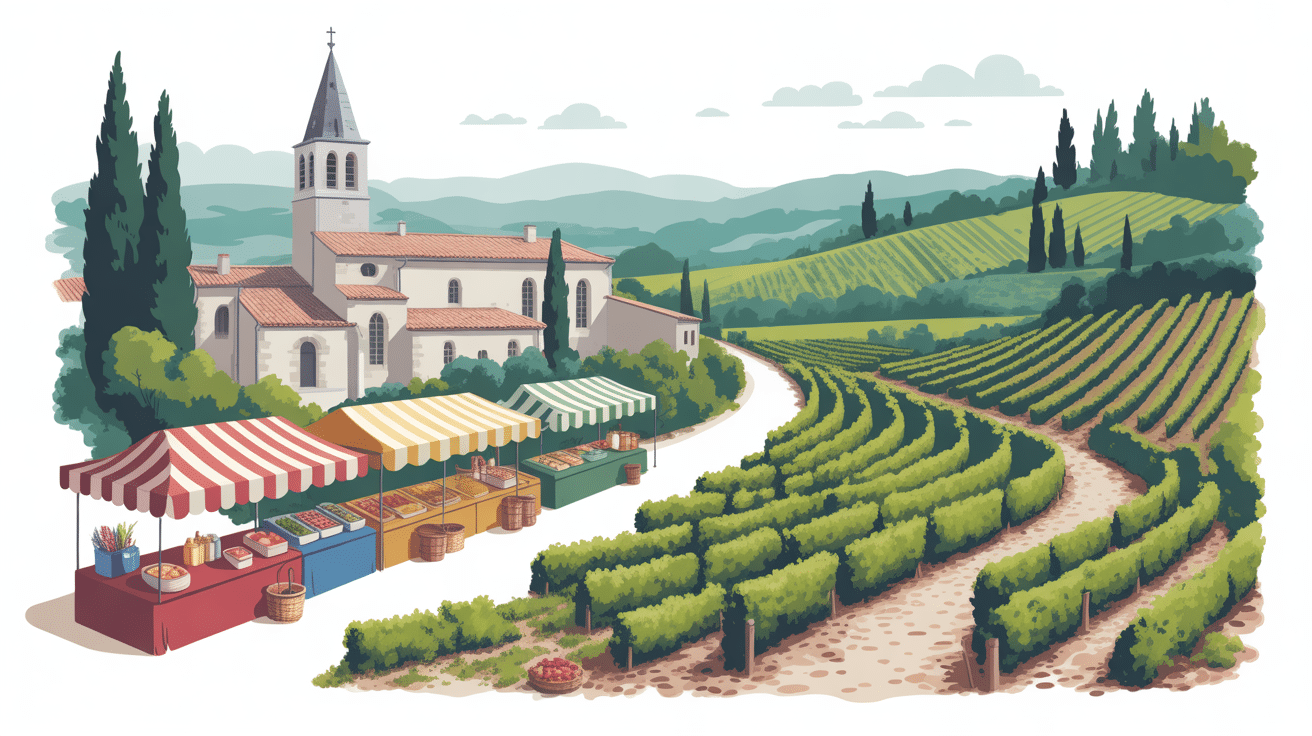 Paysage gascon, marché et vignobles à Cazaubon