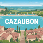 Vue panoramique de Cazaubon avec lac, thermes et vignobles