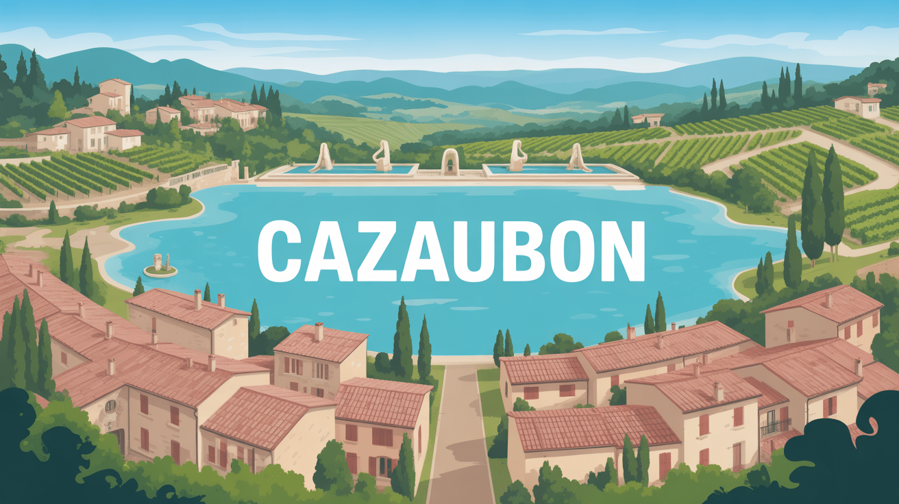 Vue panoramique de Cazaubon avec lac, thermes et vignobles