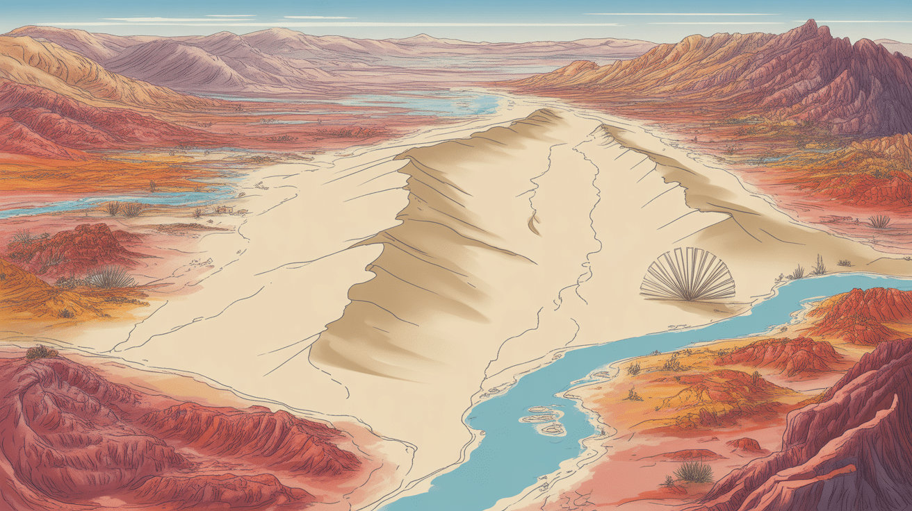 Carte stylisee desert de gobi montagnes dunes