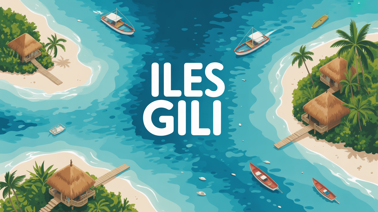 Illustration stylisée des iles Gili plage eau turquoise