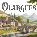 vue d'olargues avec pont médiéval et montagnes
