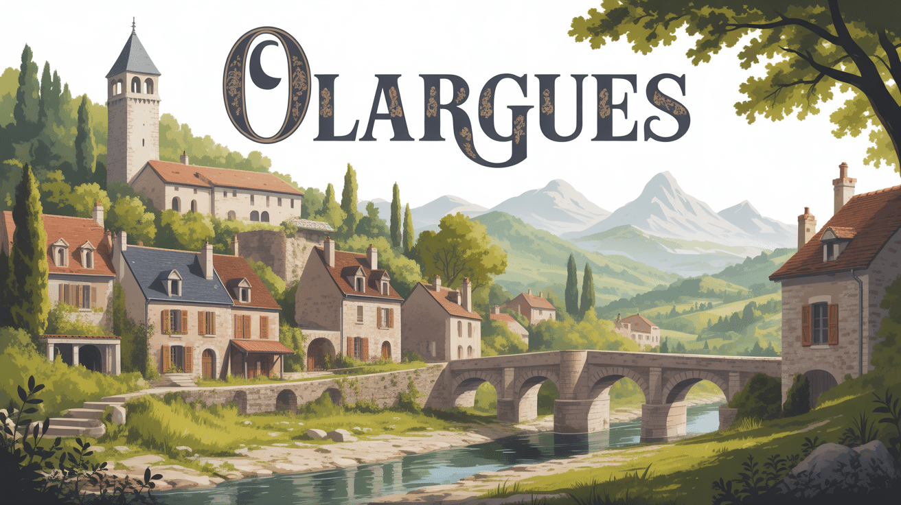 vue d'olargues avec pont médiéval et montagnes