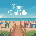 Vue élégante plage de Deauville, promenade et cabines
