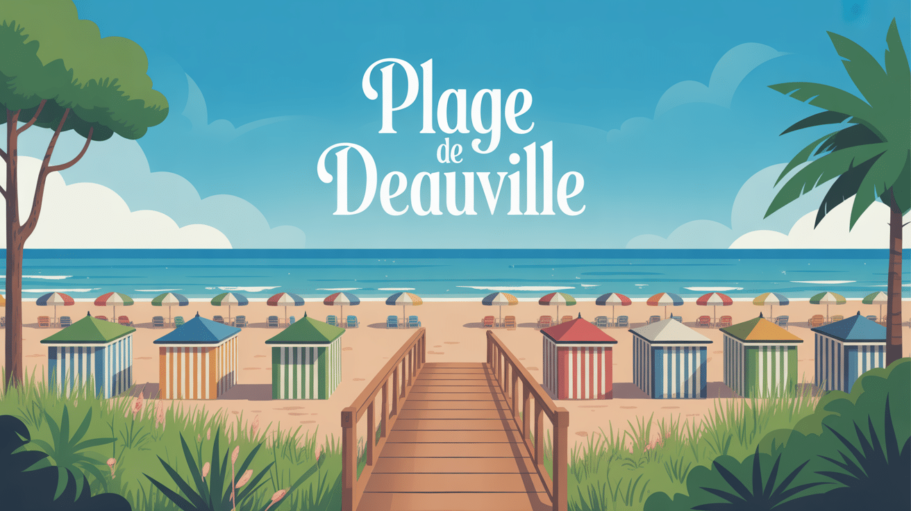 Vue élégante plage de Deauville, promenade et cabines