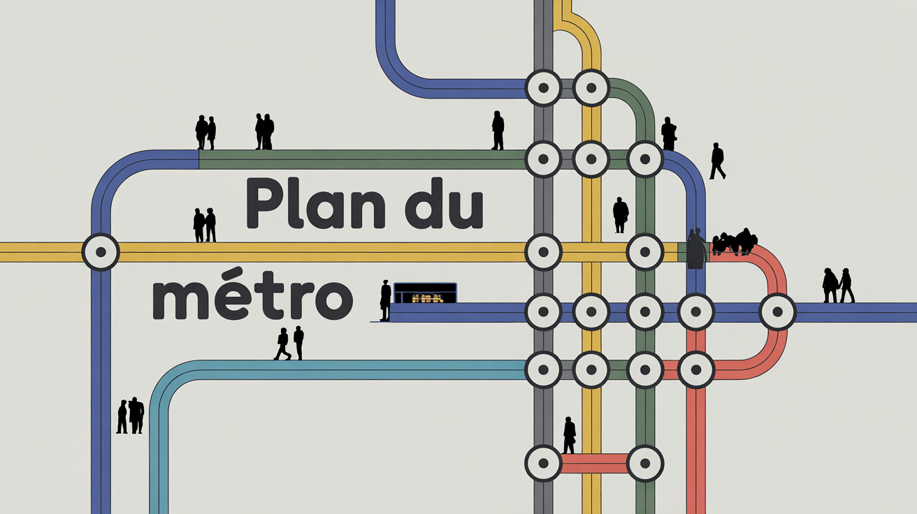Plan metro Lyon isometrique stylise avec lignes colorees et stations