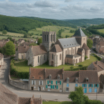 Vue du centre de Saint Sauveur en Puisaye avec maisons à colombages et église romane