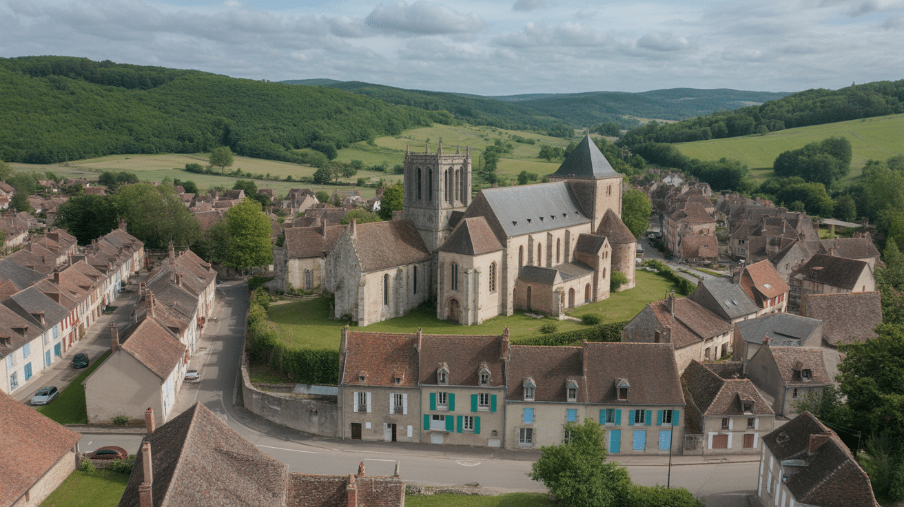 Vue du centre de Saint Sauveur en Puisaye avec maisons à colombages et église romane