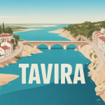 Vue stylisée de Tavira Portugal, maisons blanches, pont, lagunes