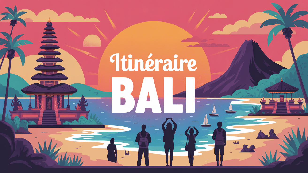 bali itinéraire illustration moderne vectoriel temples rizières plages volcans