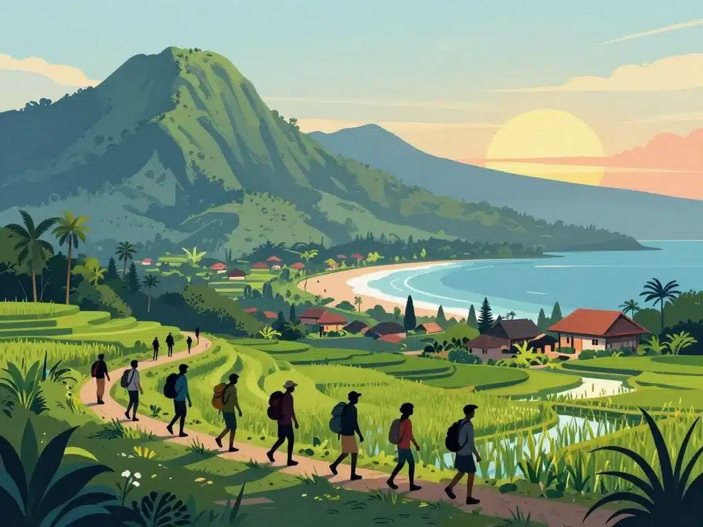 bali itinéraire illustration explorateurs montagnes volcans villages
