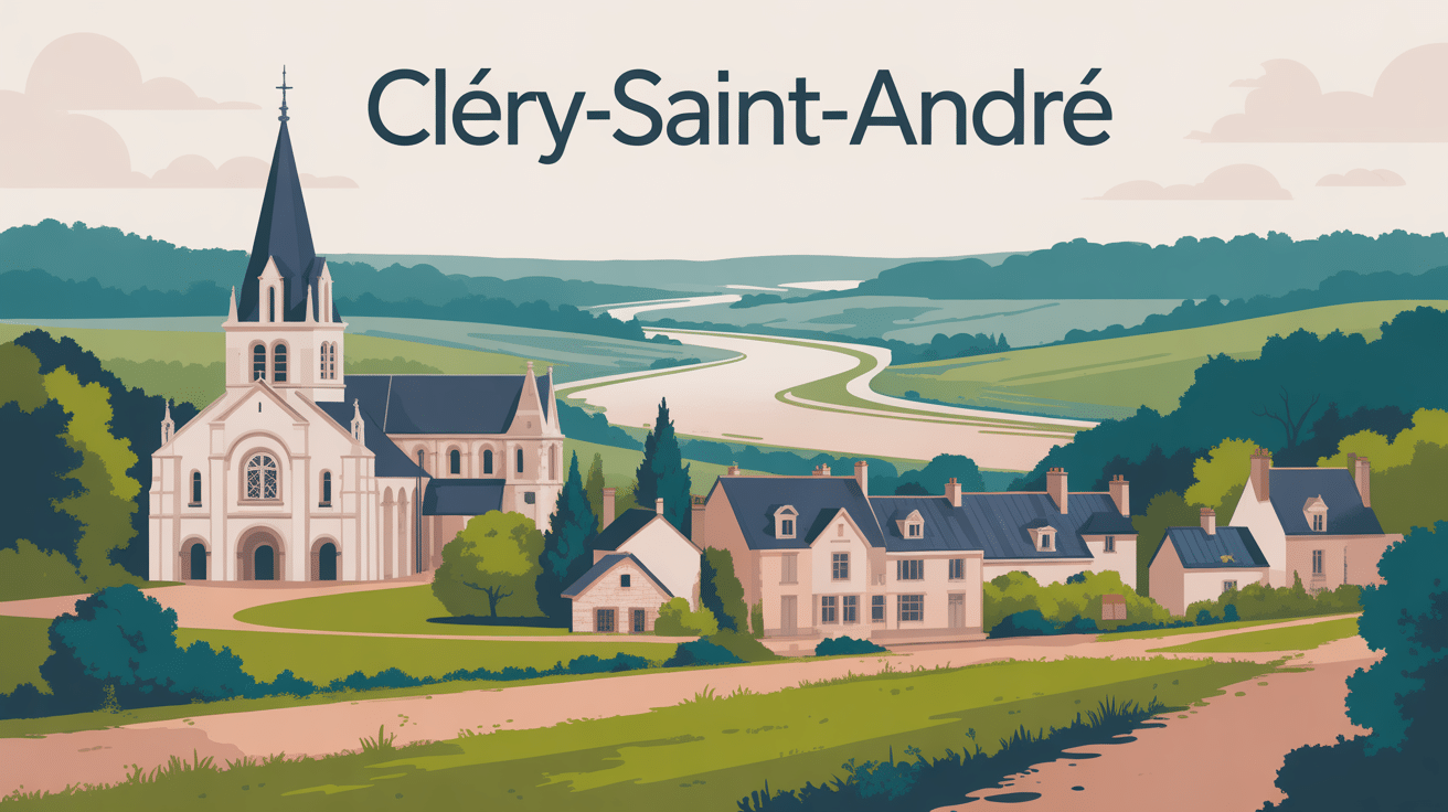 Vue globale stylisée de Clery Saint Andre village patrimoine Loire