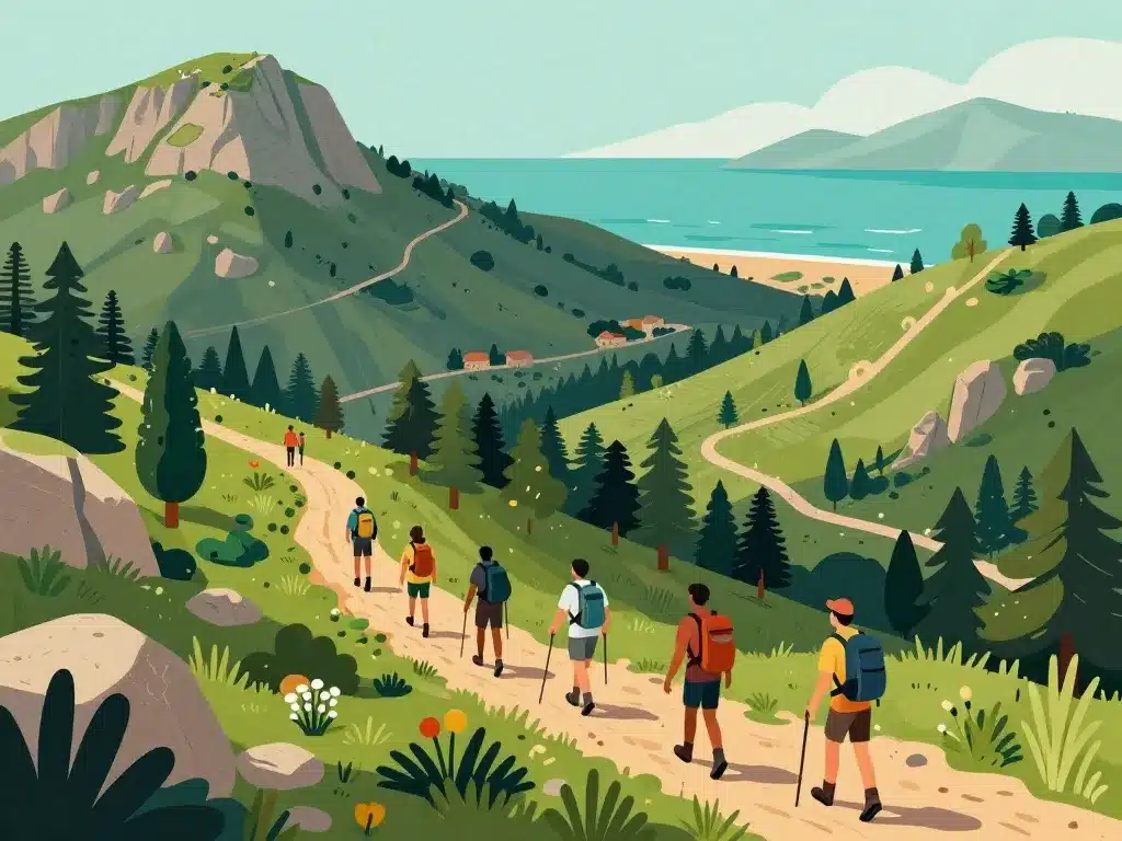 randonneurs dans le massif des albères vue sur mer et montagnes