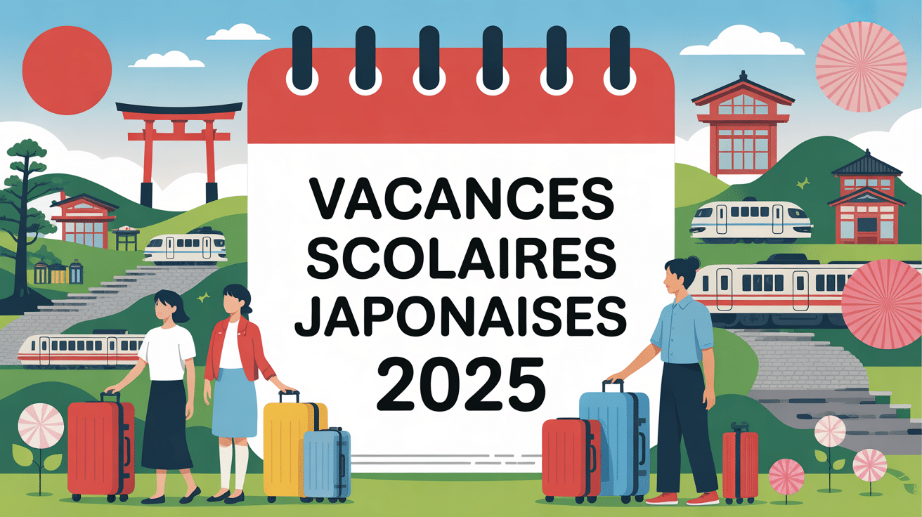 vacances scolaires japon 2025 illustration familles calendrier cerisiers