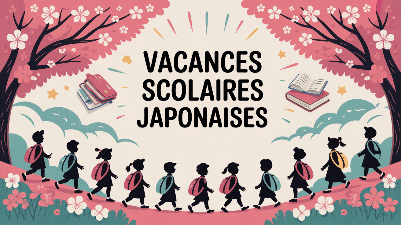 Illustration vacances scolaires japon enfants uniformes cerisiers