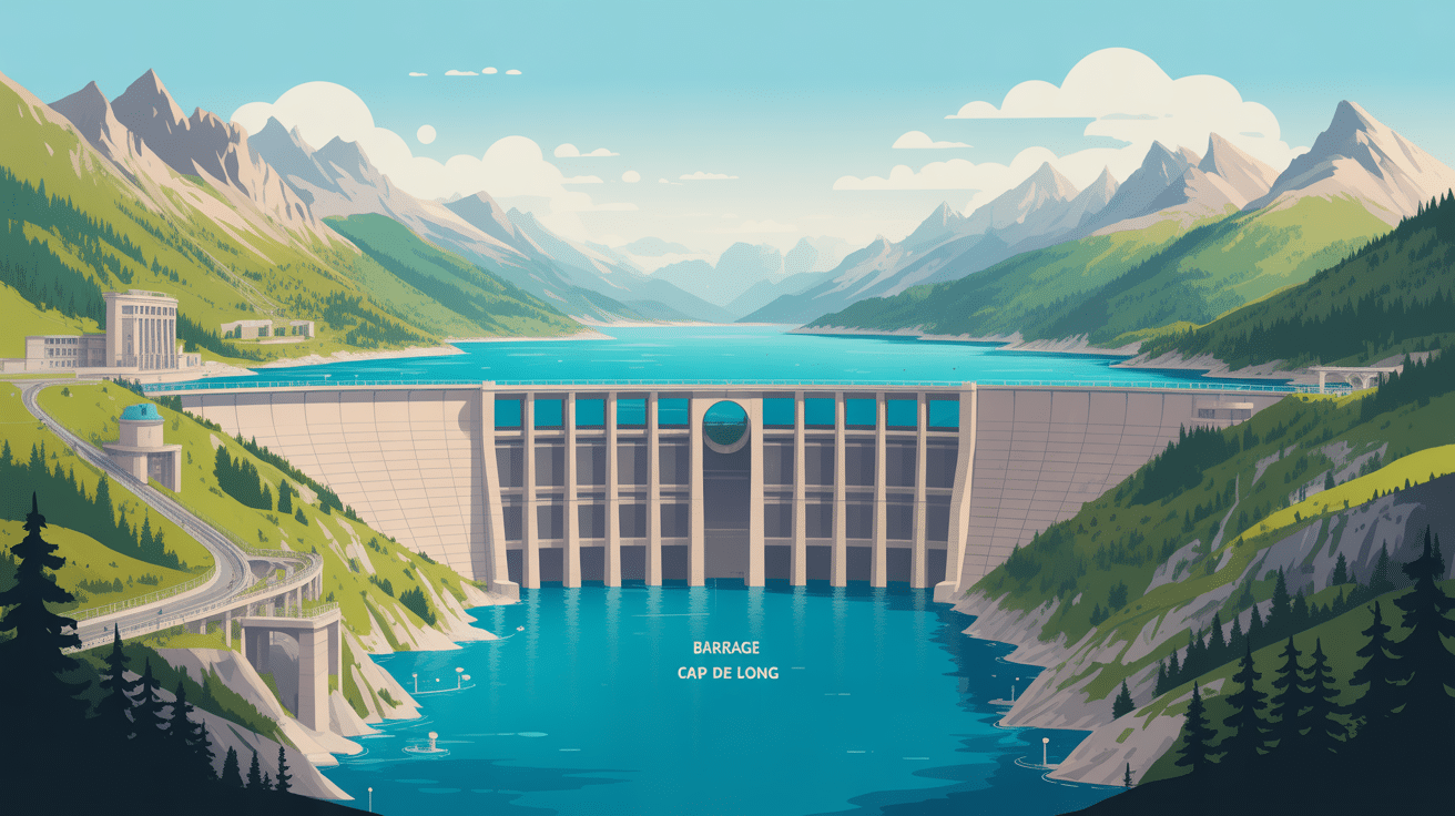 vue globale du barrage cap de long, lac turquoise et montagnes