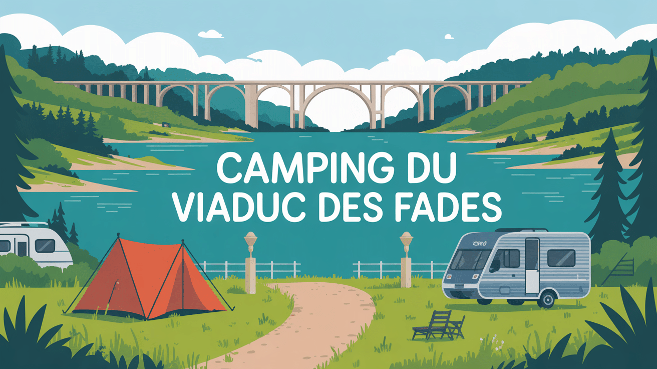 Vue du camping du viaduc des Fades avec lac, viaduc et tentes