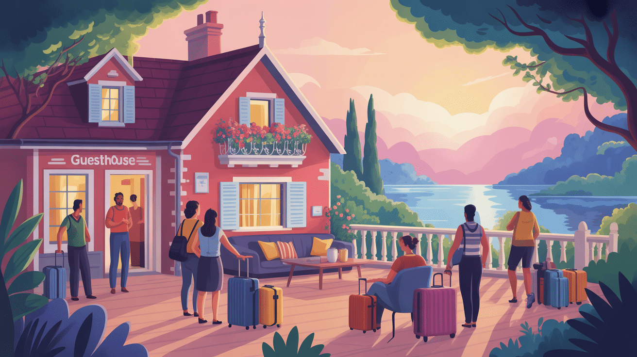 guesthouse illustration maison d'hôtes avec voyageurs ambiance conviviale