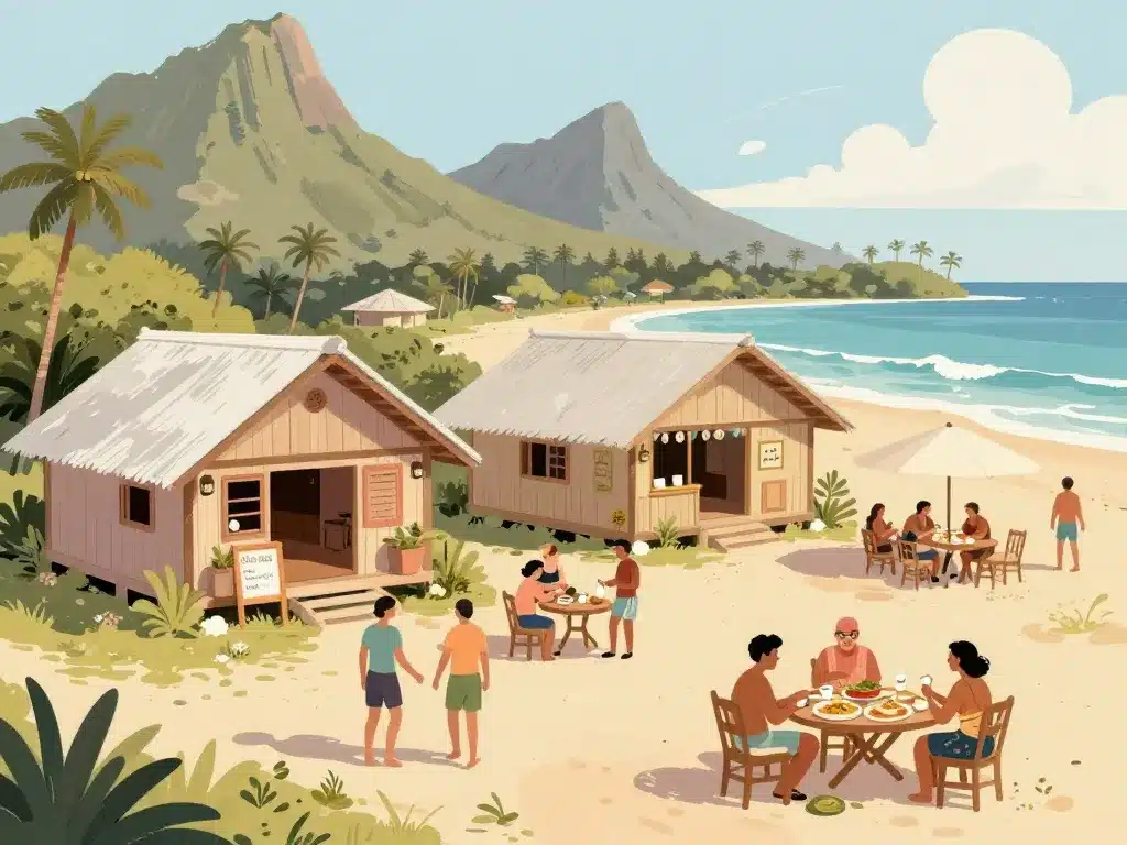 Scène quotidienne et chaleureuse à Hanga Roa Island, hébergements et repas locaux