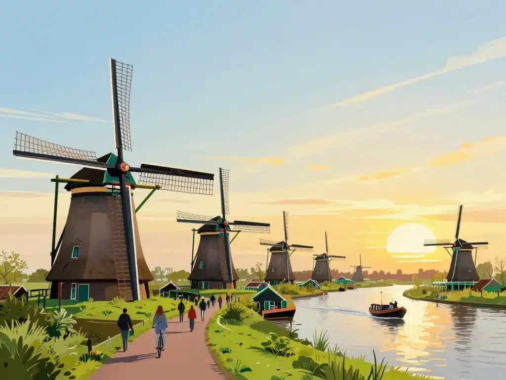 hollande moulin rangée de moulins célèbres et touristes