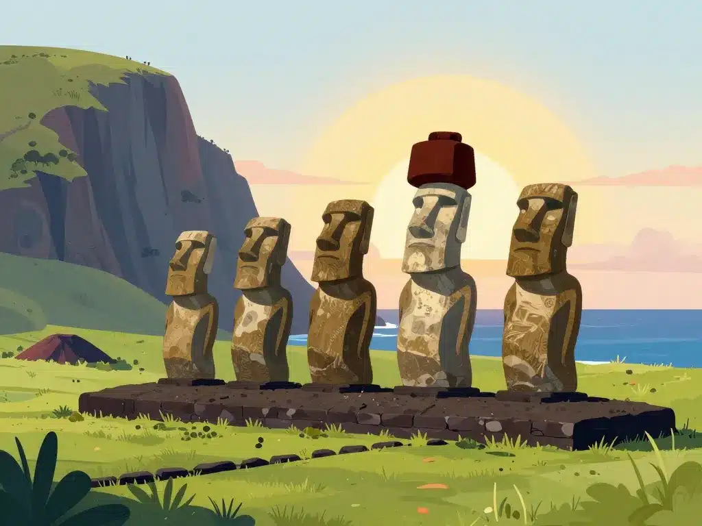 Illustration stylisée sites archéologiques moaï Isla de Pascua