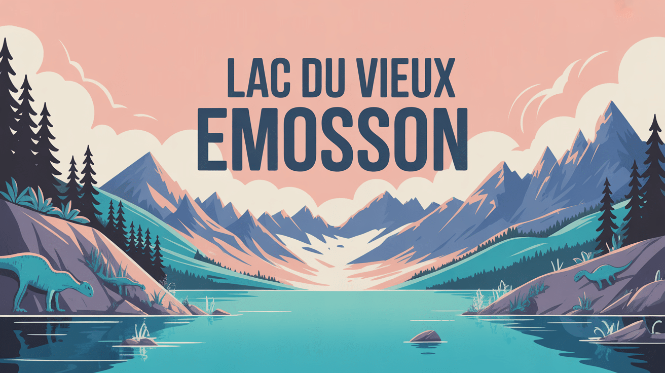Illustration du lac du Vieux Emosson en montagne avec empreintes de dinosaures