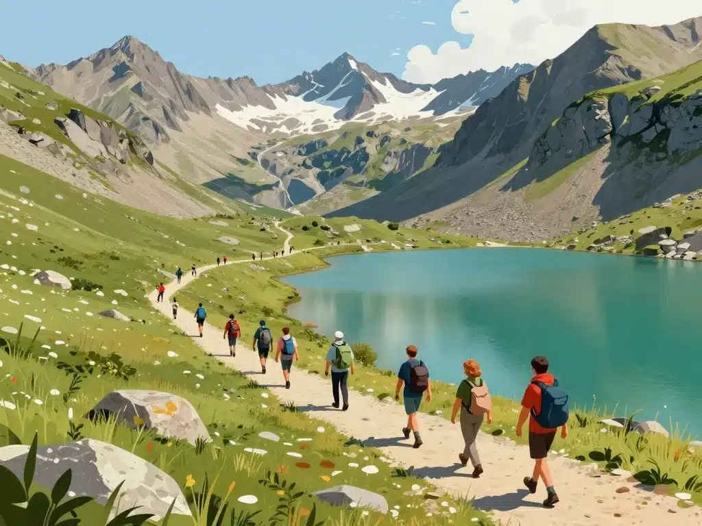 Sentier de randonnée lac du Vieux Emosson avec marcheurs et paysages alpins
