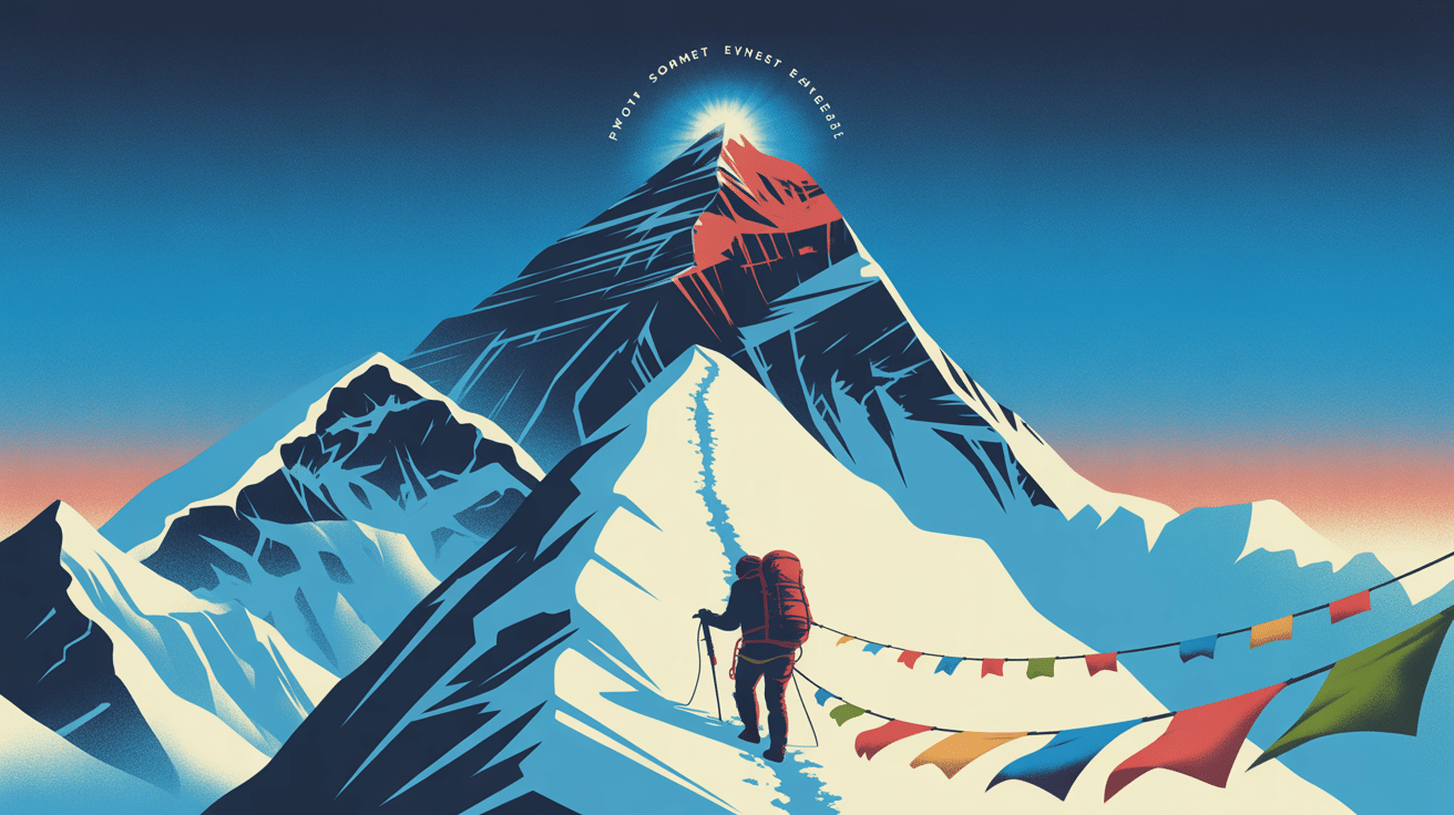 illustration stylisée sommet everest photo drapeaux alpinistes