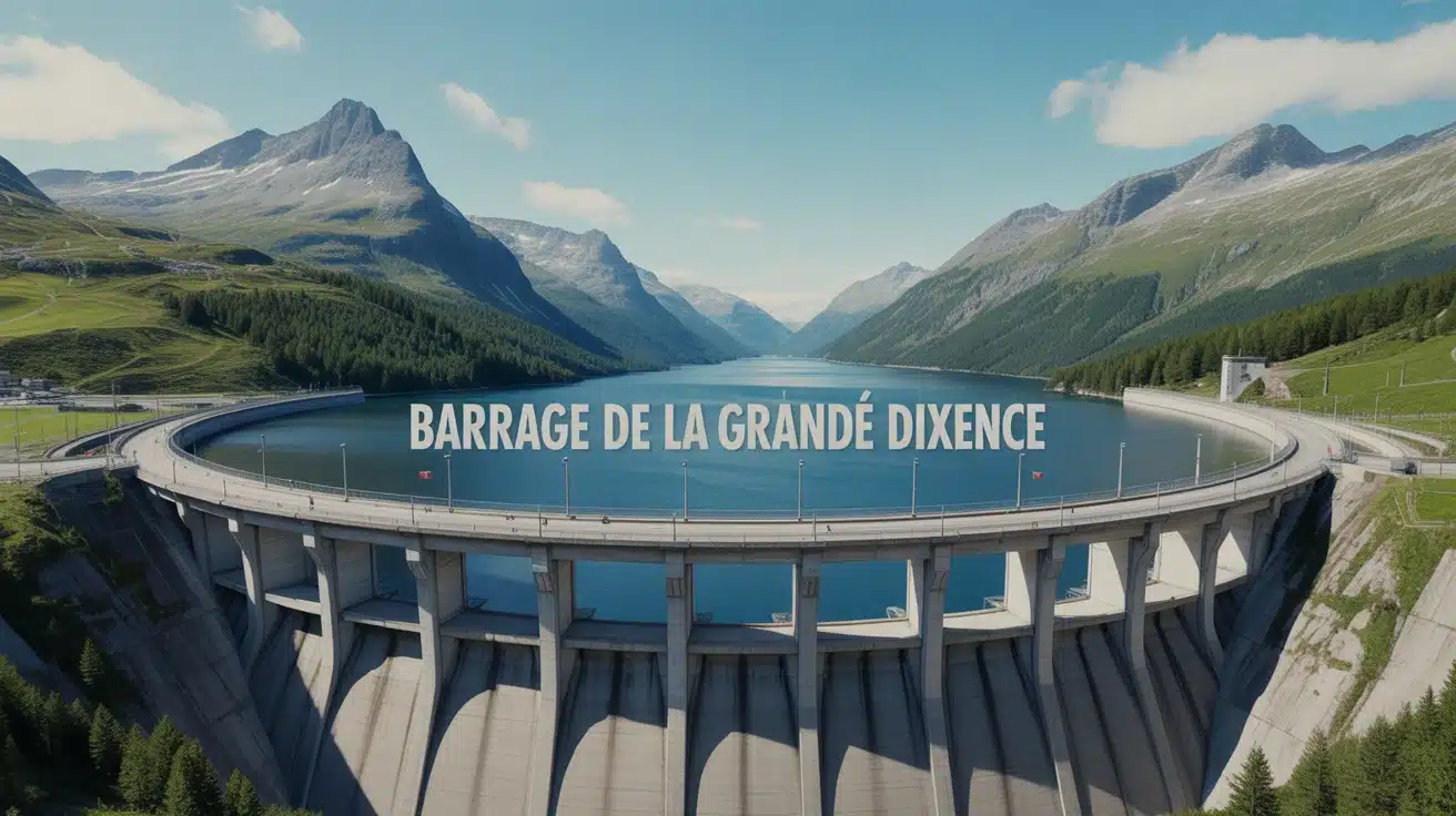 Barrage de la Grande Dixence dans paysage alpin avec montagnes enneigées