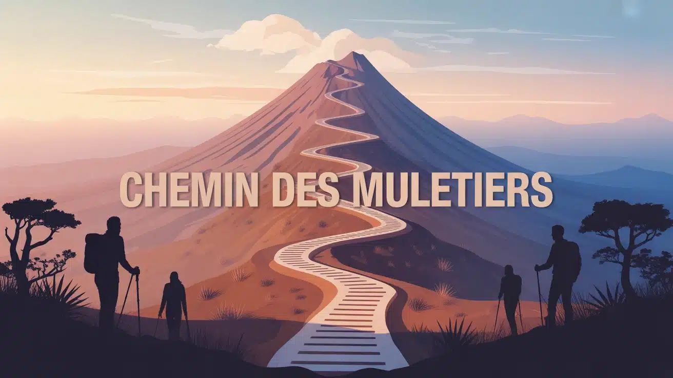 Illustration Chemin des Muletiers montagne volcanique stylisée