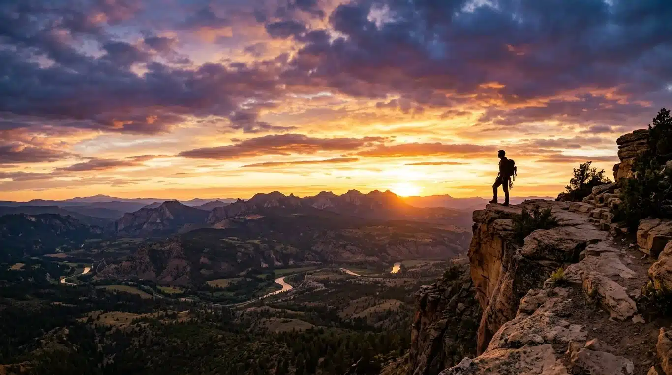 Coucher de soleil spectaculaire sur un paysage panoramique.