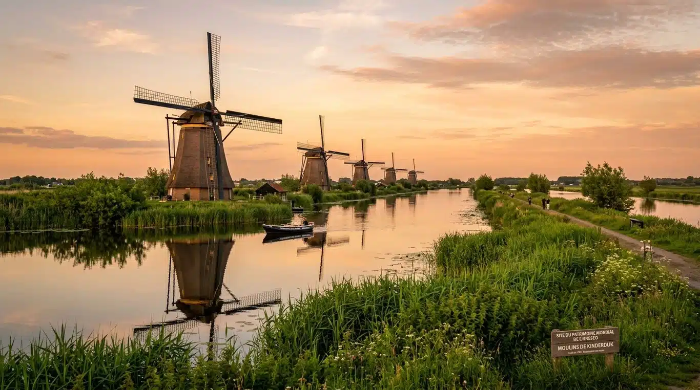 Paysage emblématique des moulins de Kinderdijk aux Pays-Bas au coucher du soleil