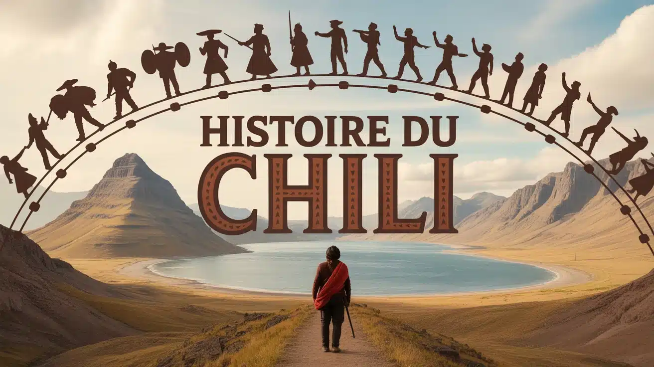 Illustration vectorielle de l'histoire du Chili avec Andes, Pacifique, conquistadors, Mapuches et démocratie