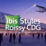 Illustration vectorielle de l hôtel Ibis Styles Roissy CDG avec navette et voyageurs