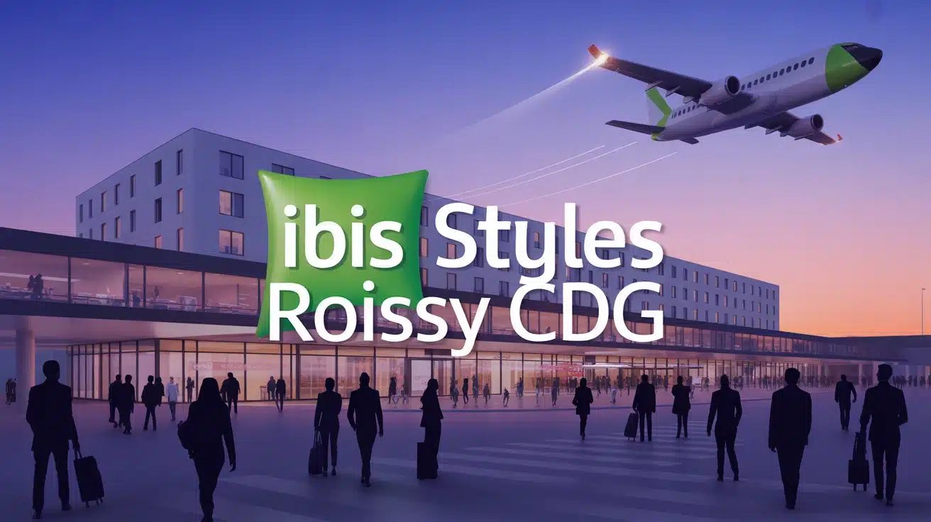 Illustration vectorielle de l hôtel Ibis Styles Roissy CDG avec navette et voyageurs