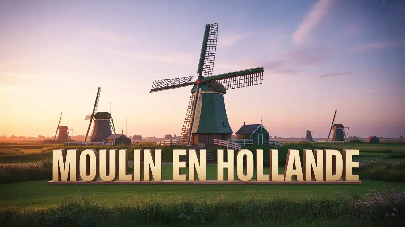 Paysage stylisé moulin en Hollande au coucher du soleil