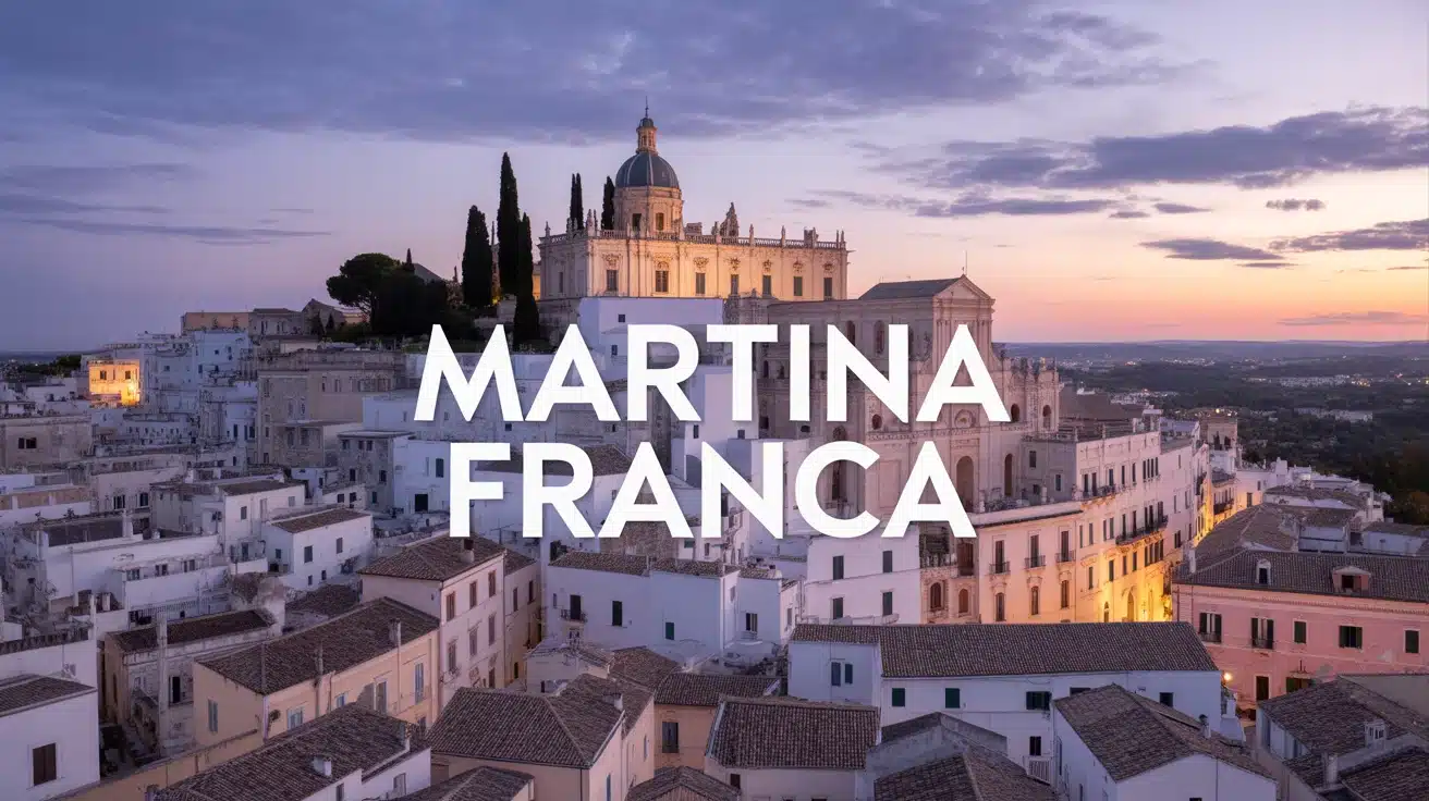 Vue stylisée de Martina Franca avec architecture baroque et ruelles blanches