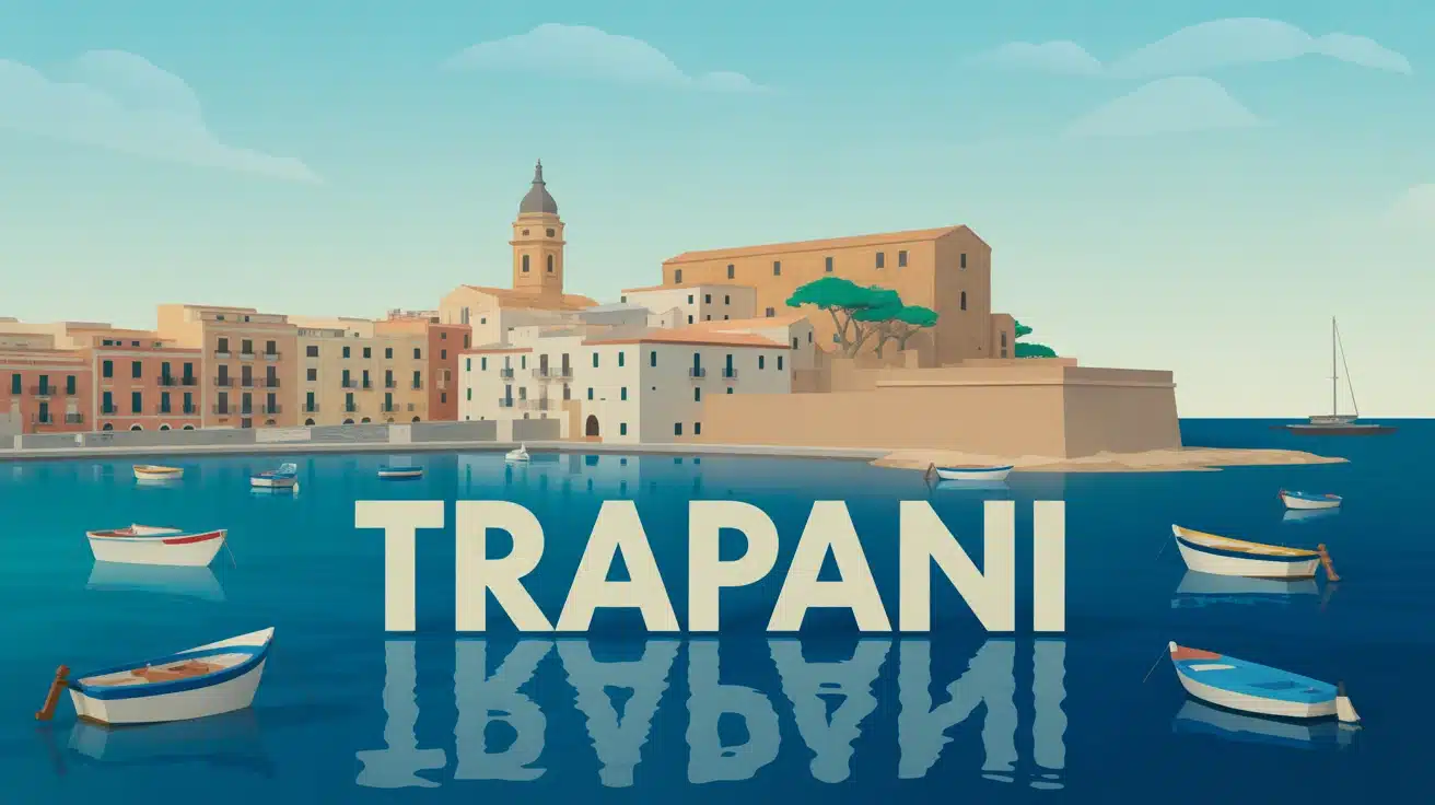 Illustration vectorielle de Trapani avec mer, palais baroques et salines