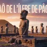 Moaï de l'île de Pâques alignés sur ahu au coucher du soleil