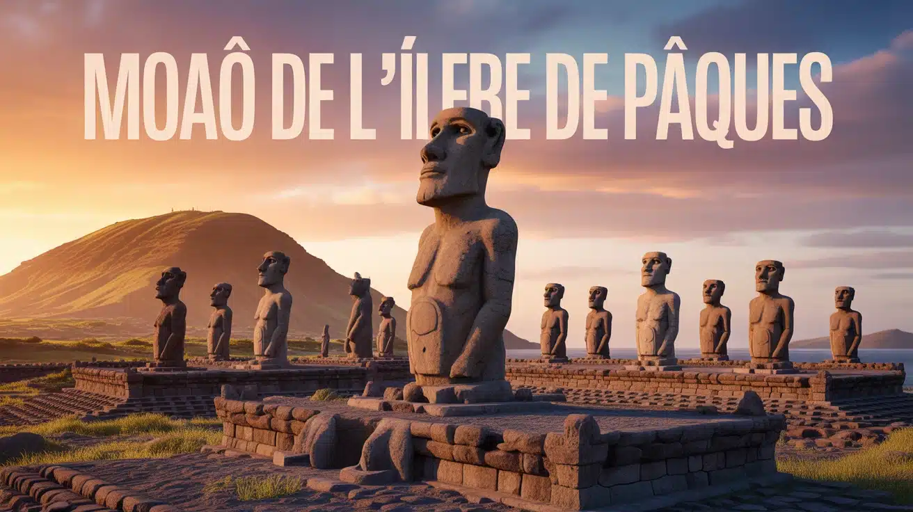 Moaï de l'île de Pâques alignés sur ahu au coucher du soleil