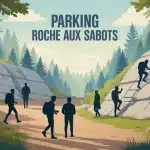 Illustration parking Roche aux Sabots avec pins et blocs de grès