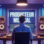 Illustration vectorielle d'un producteur musical en studio avec console et microphone