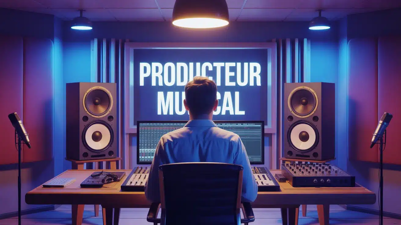 Illustration vectorielle d'un producteur musical en studio avec console et microphone