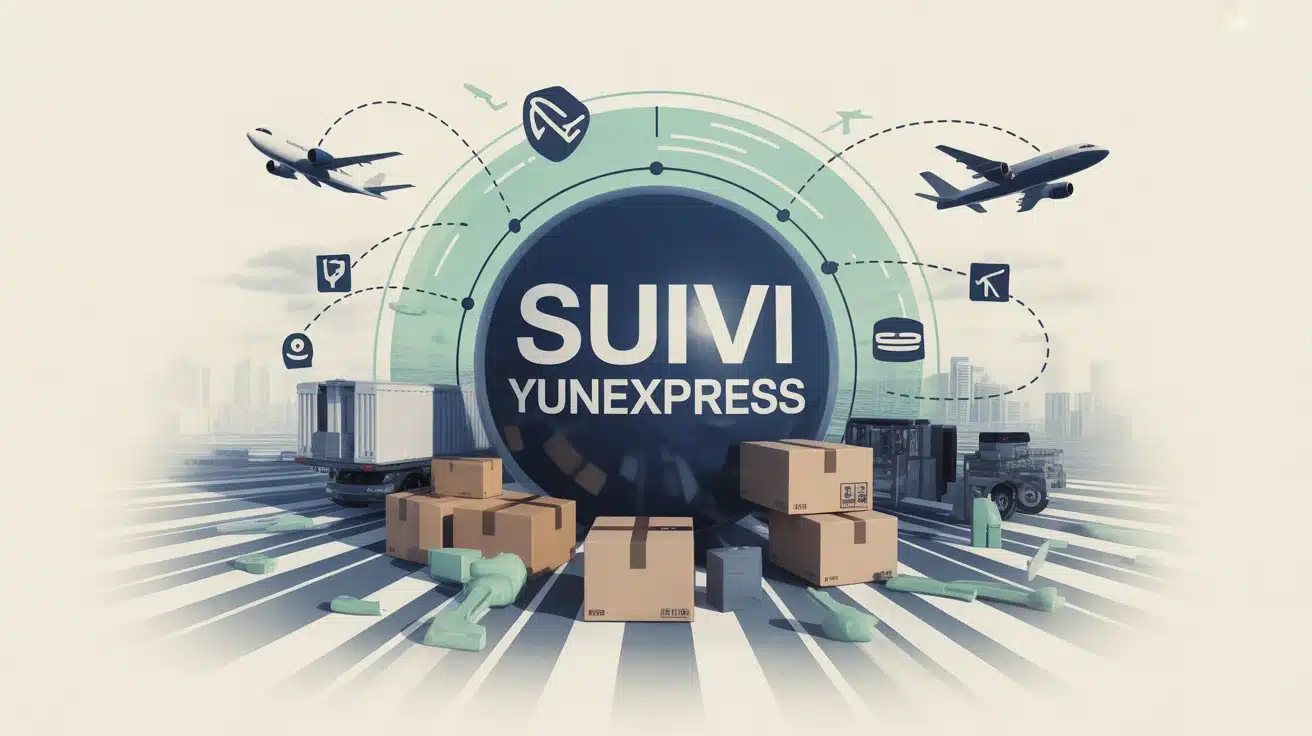 Illustration vectorielle suivi YunExpress avec colis et transport mondial